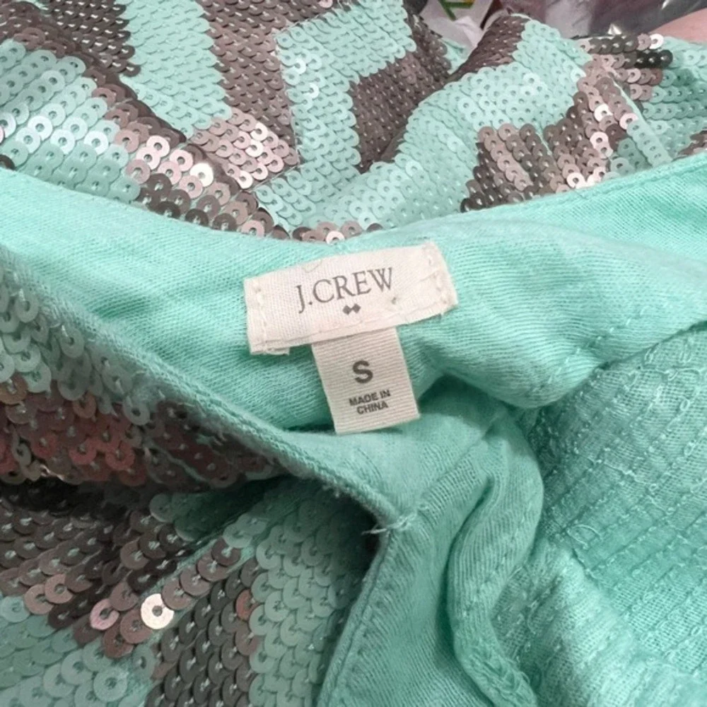 NEW J. CREW Aqua Silver‎ Chevron SEQUIN Zig Zag Cotton Tank Top Small
